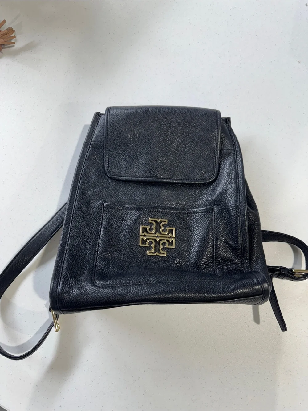 Tory Burch Black Leather Backpack with Gold Emblem